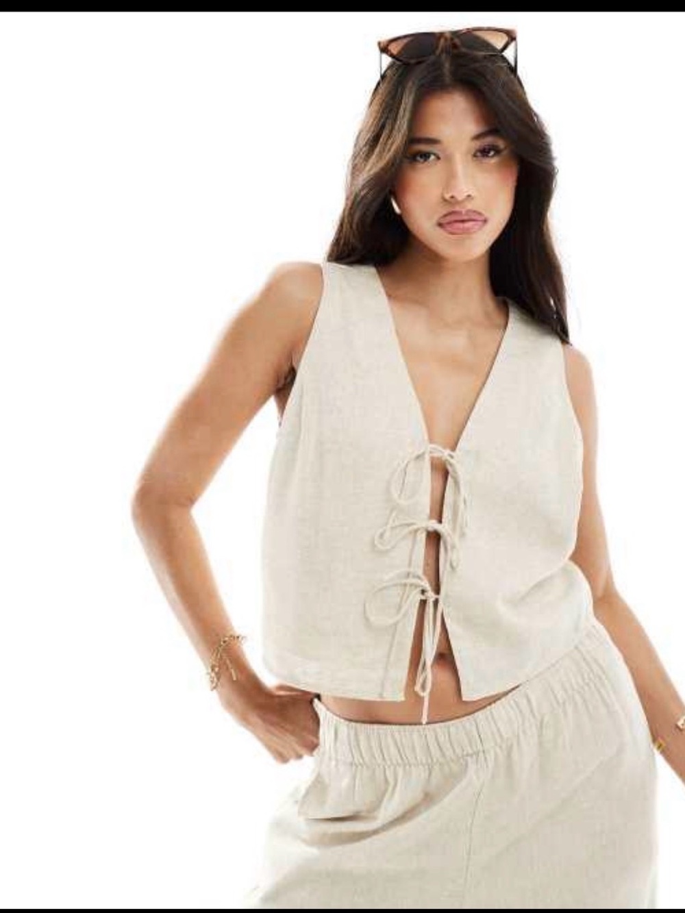Abercrombie & Fitch Linen Blend Tie Front Vest | Beige | Size Small